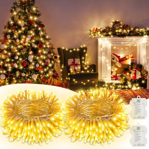 Electight Guirlande Lumineuse Extérieur 2x10M - 200 LEDs Blanc Chaud Imperméable IP44, Alimentation par Piles - Lot de 2 Rouleaux pour Décoration Jardin, Terrasse, Noël (Sans batterie)