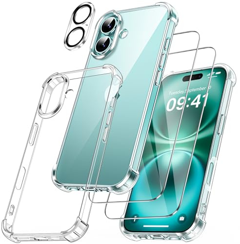 FLLAO 4 in 1 Handyhülle für iPhone 16 Plus Hülle mit 2 Schutzfolie und 1 KameraSchutz, Ultradünn Anti-Vergilbung Kristallklar HandyHülle Stoßfest Kratzfest Schutzhülle, Transparent