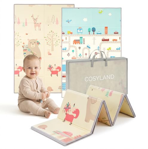 COSYLAND Krabbelmatte Baby Faltbar 120x180x1cm - Doppelseitige XPE Spielmatte Baby mit Dickem Bär & Autostadt Motiven, Weiche Babymatte Spielteppich für Kinder, Babygeschenk