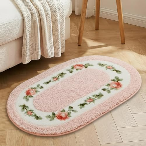 Dermalyx Badezimmerteppich Badteppich Badematte, Shaggy Rosen Teppich, rutschfest Badvorleger, Badezimmermatte Waschbar, Duschvorleger Bunt, Badteppiche