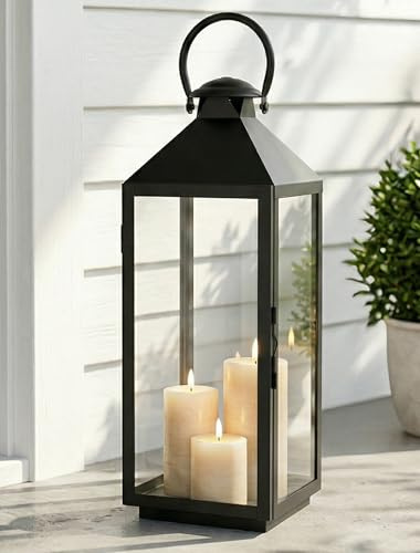 NUPTIO Laterne Groß Laternen für Draußen: 48cm Hoch Gartenlaterne | XXL Outdoor Windlicht Deko Schwarz Kerzenlaterne Wetterfest Metall mit Glas Grablaterne Windlichtsäule Indoor Weihnachten