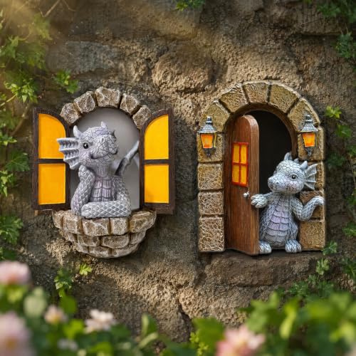 2er Set Drachenfiguren, Tür-öffnender Fenster-öffnender Drache Gartendeko | Resin, wetterfest für Garten Balkon Terrasse Wanddeko