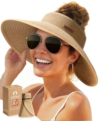 FURTALK Sun Hats for Women Wide Brim Beach Hat Straw Visor Ponytail Summer UV Packable Foldable Beach Vacation Essentials Khaki