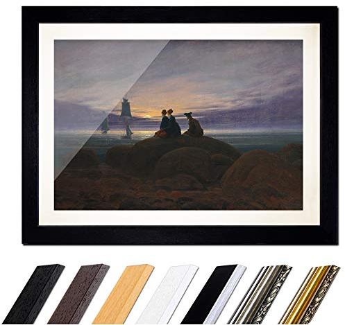 Bild mit Rahmen - Caspar David Friedrich Mondaufgang am Meer 60x40 cm ca. A2 - Gerahmter Kunstdruck inkl. Galerie Passepartout Alte Meister - Rahmen schwarz
