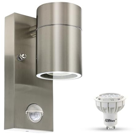 HiBay 1x Outdoor Wall Lights Motion Sensor,Outside Light with PIR Sensor Mains Powered, Stainless Steel Security Lighting IP44 with 7W GU10 LED Warm White Bulb