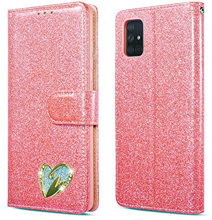QLTYPRI Hülle für Samsung Galaxy A51, Glitzer Handyhülle PU Ledertasche TPU Etui Handschlaufe Kartenfach mit Eingelegten Liebe Herz Diamond Flip Schutzhülle für Samsung Galaxy A51 - Rosa