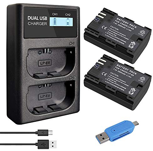 CITYORK 2 Pack LP-E6 LP E6N Batterie de Remplacement et Chargeur de Batterie USB LCD Double Compatible pour Canon EOS 80D, 6D, 7D, 70D, 60D, 5D Mark III, 5D Mark II, BG-E14, BG-E11, BG-E9, BG-E7