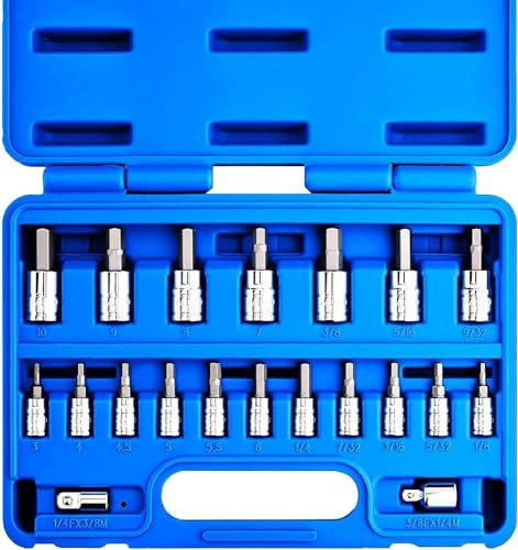 NEIKO 01150A SAE and Metric Hex Bit Socket Set | 20 Pieces | SAE 1/8” – 3/8” | Metric 3mm – 10mm | Two Socket Adapters 1/4 and 3/8” Drive| Industrial S2 Steel Bits | Heavy Duty Cr-V Sockets