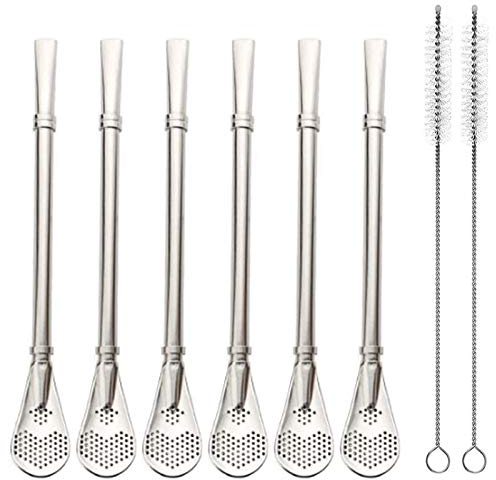Wzong Wiederverwendbare Trinkhalme aus Edelstahl mit Filterlöffel 6 Stück Yerba Mate Tee Bombilla Trinkhalme mit 2 Stück Reinigungsbürsten Set, 15.5 cm lang