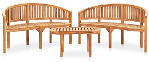 vidaXL Teak Massiv Gartenmöbel 3-TLG. Bananenbank Gartenset Bank Banana Tisch Lounge Sitzgruppe Gartentisch Gartenbank Holzbank Sitzbank