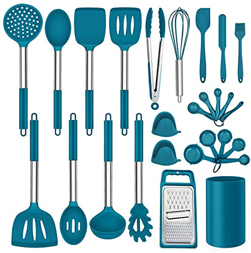 LIANYU 27 PCS Kitchen Utensils Set with Holder, Silicone Cooking utensils Spatula Set with Stainless Steel Handle, Kitchen Cooking Gadgets Tools for Nonstick Cookware Set, Heat Resistant, Blue