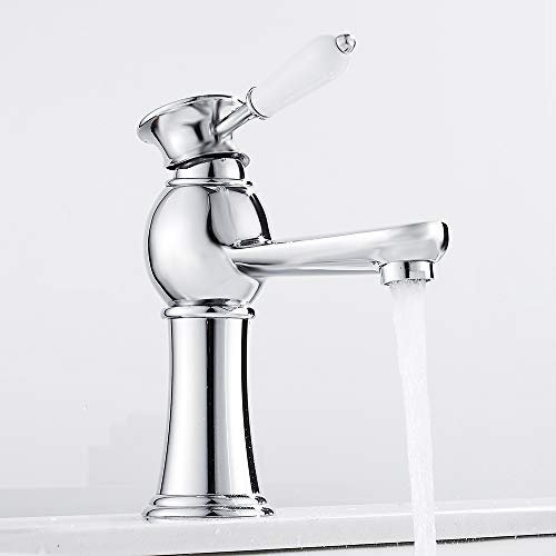 Grifo de lavabo de baño, grifo de latón vintage,Mezclador de lavabo de baño de cerámica con palanca única con mangueras de agua(plata)
