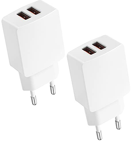 CREAPICO Cargador USB (2 Piezas), Enchufe Doble USB 5V/2.1A, Adaptador Corriente de 10,5W, Cargador Móvil para iPhone, Samsung, Huawei, Xiaomi, Motorola, Tableta, Auriculares, Parlantes - Blanco