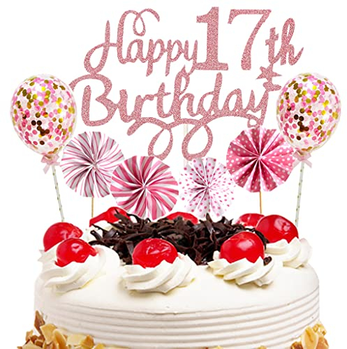 Feelairy Cake Topper Happy Birthday Mädchen, Glitter Tortendeko Happy 17th Birthday Rosegold, Kuchen Deko Luftballons Konfetti und Papierfächer, Tortenaufsatz für 17. Kindergeburtstag Party Zubehör
