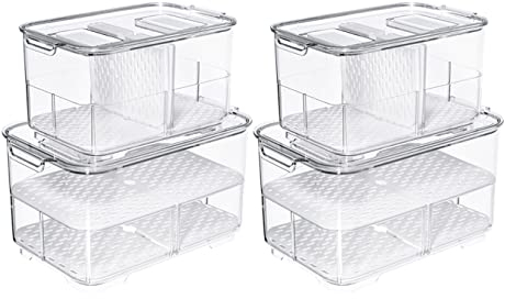 SANNO Fridge Produce Saver Storage Vegetable Fruit Food Container Stackable Refrigerator Organizer Bins Fresh Keeper Drawers, Set of 4, 9.2''Lx5.8''Wx4.8''H-2pack-10.8''Lx6.8''Wx5.7''H-2pack