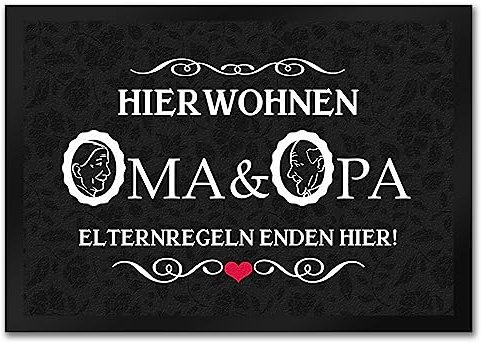 speecheese Hier wohnen Oma & Opa Fußmatte in 35x50 cm im Vintage-Look als schöne Dekoration für die Eingangstüre von Großeltern die ihre Enkel über Alles lieben und verwöhnen