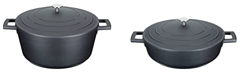 MasterClass Cast Aluminium Induction-Safe Non-Stick Casserole Dish with Lid, Black, 5 Litre, 28 cm & Shallow Casserole Dish with Lid, Black, 4L