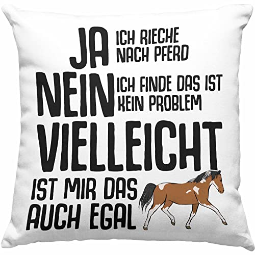 Trendation Lustige Reiter Sprüche Geschenk Kissen mit Füllung 40x40 Reiterin Pferde Mädchen Geschenkidee Pferde Grafik Ja Ich Rieche Nach Pferd (Grau)