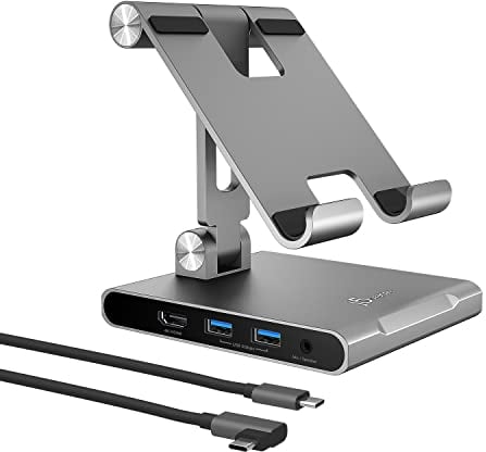 j5create Support réglable pour Tablette avec Station d'accueil USB Type C pour iPad Pro/Air/Mini: 4K60 HDMI, 2 x USB-A 5Gbps, Chargeur PD 100W, Lecteur de Carte microSD/SD, Prise Audio 3.5mm (JTS224)