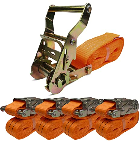 4 Stück Spanngurte mit Ratsche / 2000Kg 6m – Einteilige Zurrgurte - 2000 daN – Ratschen Gurt Signal Orange - Ladungssicherung (35mm x 6m)