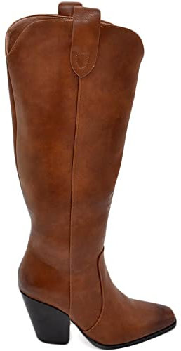 Malu Shoes Stivali camperos donna in ecopelle rigida cuoio altezza ginocchio lisci con tacco Texano legno 7 cm western moda zip (38 EU)