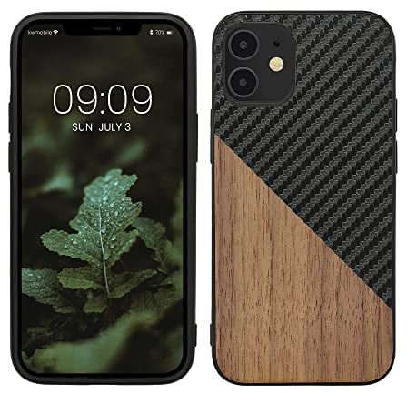 kwmobile Case Compatible with Apple iPhone 12 mini - Hard Phone Cover with TPU Bumper and Wood/Carbon Back - Dark Brown/Black