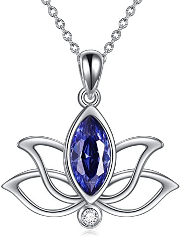 YFN Geburtstein Lotos Halskette Sterling Silber Lotus Anhänger Schmuck Mütter Tag Geburtstag Geschenke für Damen Mädchen (I.Dunkelblau-September-Saphir)