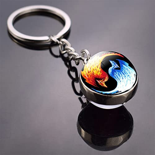 RUBA EIS und Feuer Phoenix Yin Yang Aurora Schlüsselanhänger Doppelseitige Glaskugel Anhänger Mode Coole Männer Schmuck Auto Schlüsselanhänger Ornament(Als Show 8,1)