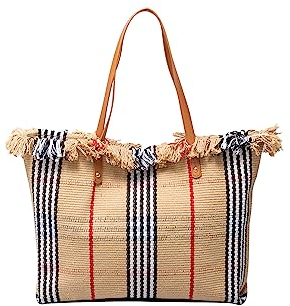 CORIOS Damen Canvas Handtasche Sommer Strand Tasche Große Schultertasche Böhmische Tote Beutel Bunte Gestrickte Tasche Casual Henkeltaschen für Reise Urlaub Strand Khaki und Schwarz Gestreift