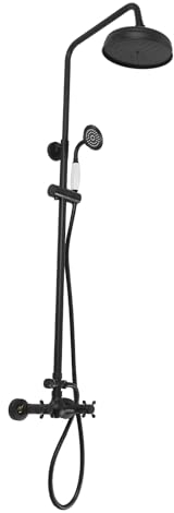 LANNADD Système de douche rétro - Mitigeur de douche - Douche à effet pluie - Mitigeur de douche rond avec douchette à main - Colonne de douche antique rétro pour maison et hôtel - Noir