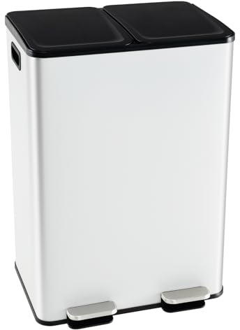 COSTWAY 60L Double Rubbish Bin, 2x30L Stainless Steel Recycle Pedal Kitchen Bin with Removable Buckets, Deodorizer Box, Soft Closure Flat Lid & 2 Handles, Airtight Waste Separation System (White)