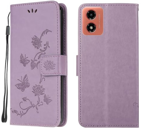 Wuhaizher Motorola E14 Case Motorola G24/G04 Cover Shockproof Leather Wallet Book Flip Folio Magnetic Stand View Case for Moto E14/G04/G24 Phone Cases Shockproof Cover Lotus Pattern, Light Purple