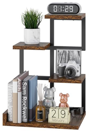 YMYNY Desktop Shelf Organizer, 4 Tier Storage Display Rack, Desk Shelf Organizer Small Bookshelf with Metal Frame for Office, Books, Plants, 31 x 24 x 44.5cm, Rustic Brown Black HSR007H