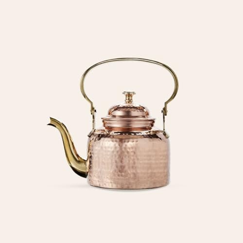 CopperStudio Hammered Copper Stovetop Kettle- 2000ml/2 qt-Cordless, Heat Proof Brass Handle & Accents, Inner Lined with Copper & Nickel. TeaPot, Stovetop Teapot, Electric cooktop teapot.