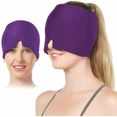 Migraine Relief Cap, Reusable Cold Hot Therapy Migraine and Headache Relief Cap, Single-Sided Gel Ice Hot Head Wrap for Chronic Migraine, Soothe Tension Headache, Sinus Stress, Puffy Eyes (Purple)