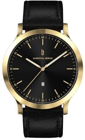 Lilienthal Berlin Herrenuhr Huxley in Gold/Schwarz – Armbanduhr am schwarzen Leder-Armband – aus 316L Chirurgenstahl mit einem Quarzuhrwerk & saphirgehärtetem Mineralglas – 40 mm