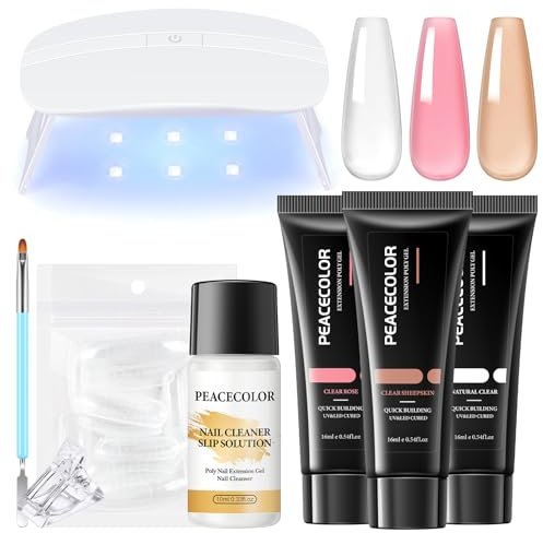 PEACECOLOR Poly Extension Gel Kit with Lamp,3 Colours Poly Nail Gel with Cleanser, Clear Pink Nude Builder Nails, Basic Manicure Tools, Manicure Kit for Beginners