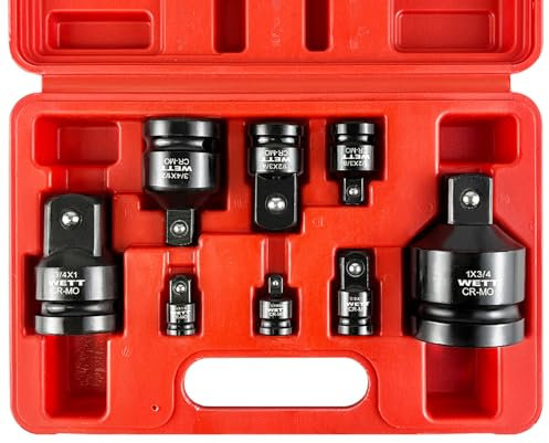 WETT Impact Socket Adapter and Reducer, 8-Piece 1 3/4 1/4 3/8 1/2 SAE Drive Socket Adapter Set, Square Adapter Reducer, Impact Driver Wrench Conversion Set