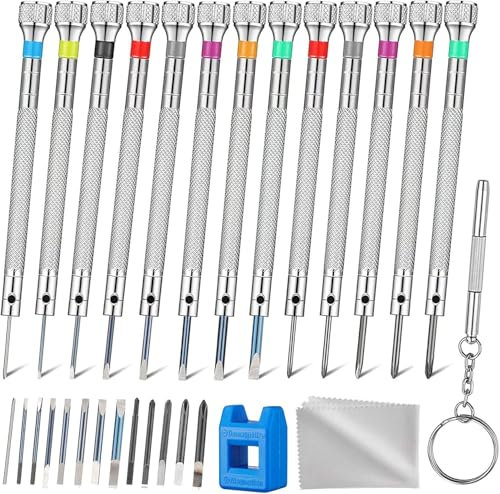 AOMISIV Lot de 13 tournevis de montre professionnels pour réparation de microprécision, avec 13 lames de rechange de 0,2 à 2,0 mm pour lunettes, lunettes de soleil, horloger bijoux, ordinateur,