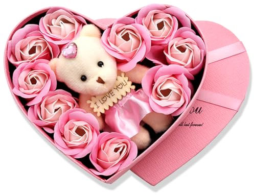 LGWJHCY Set regalo con rose rosa, 10 pezzi, con orsetto, rosa eterna, idea regalo, bouquet, festival, anniversario, compleanno, matrimonio, confezione regalo simulazione rosa in Herzfor