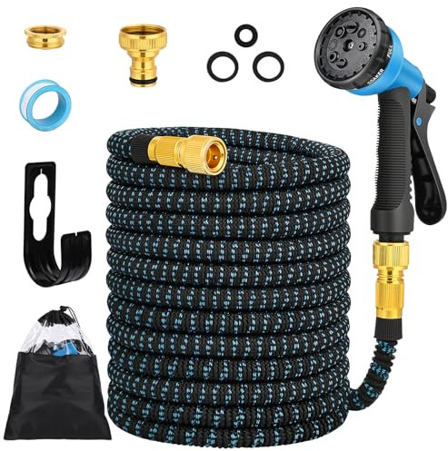 Tubo da Giardino Acqua Flessibile Estensibile 30m, 8 Funzioni di Spruzzo Tubo Acqua con Connettore in Ottone da 1/2 e 3/4, Adatto per Autolavaggio, Giardino, Prato, Bagni Animali (Blu)