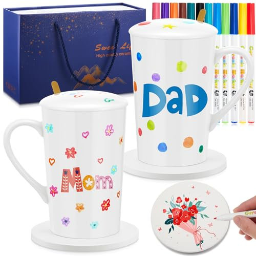 Yaryang Paint Your Own Mug Set Personalized DIY Painting Kit Include 360 ml Unfinished Blank Decorate Your Own Mugs with Gift Box Spoon 12 Paintable Markers Coaster for Father Mother Birthday Wedding