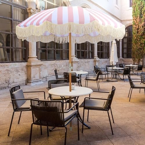 2m Sombrilla Grande De Rayas Blancas Y Rosas, Inclinable, Mástil De Madera + Sombrilla De Playa con Borlas + Somba + Resistente A La Lluvia, Jardín Cafetería Terraza Balcón Sombrilla Vintage Plegable