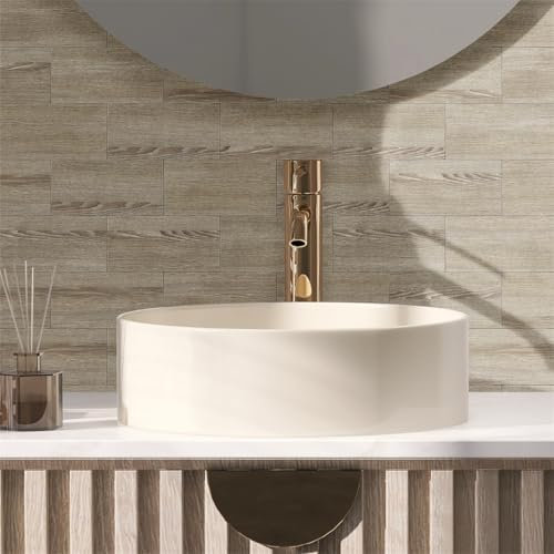 Stick on Tiles 20x10 cm Light Brown Wood Tile Stickers for Kitchen Bathroom Cupboard Decoration PVC Waterproof Oil Proof Peel and Stick Self Adhesive Wall Tiles 32 Pcs