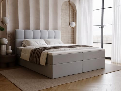 GRAINGOLD Maison Bett 200x200, Boxspringbett mit Bettkasten, Polsterbett mit Bonell-Matratze, Samt Stoff, mit Topper, mit Kopfteil (Grau, 200x200)