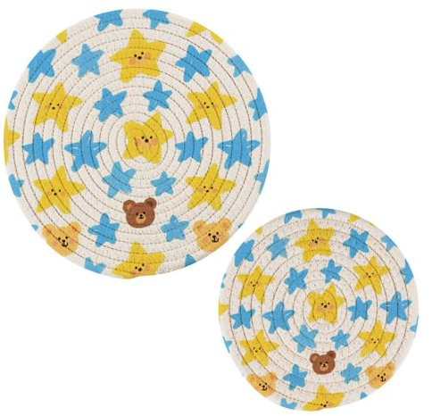 Cantoon Lot de 2 maniques rondes en coton résistant à la chaleur pour casseroles et poêles Bleu Jaune étoiles mignons ours mignons