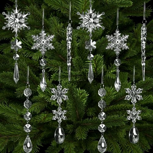 Bigqin 10Pcs Fiocchi di Neve Ghiaccioli Pendenti Ornamenti di Albero di Natale Addobbi di Acrilico Ciondoli Decorazione,Ghiaccioli Riutilizzabili Con Cordino（Bianco trasparente）