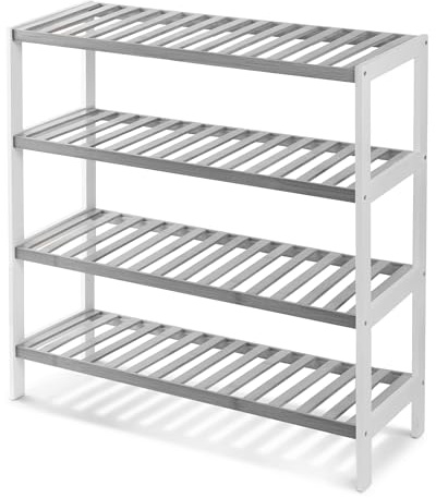 KEPLIN Natural Bamboo Shoe Rack Easy Assembly & Strong Design Shelf Organiser Ideal for Bedroom, Bathroom, Hallway & Small Spaces Capacity Up to 12 Pairs of Shoes (Grey/White, 4 Tier) (70x67x25cm)