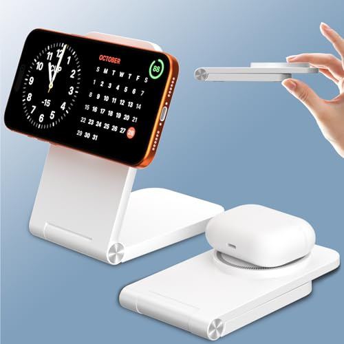 Mag Safe Wireless Ladegerät, Magnetische Kabellose Ladestation, Faltbar Schnelle Mag-Safe Ladestation Kompatibel mit iPhone 17 16 15 14 13 12 Series, AirPods 3/2/Pro 2/Pro