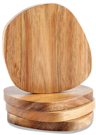 Untersetzer aus Holz für Gläser 4er Set, 10x10cm Akazienholz Untersetzer in einzigartiger Form für Trinkgläser, Tischschutz für jeden Tischtyp 4 Stück